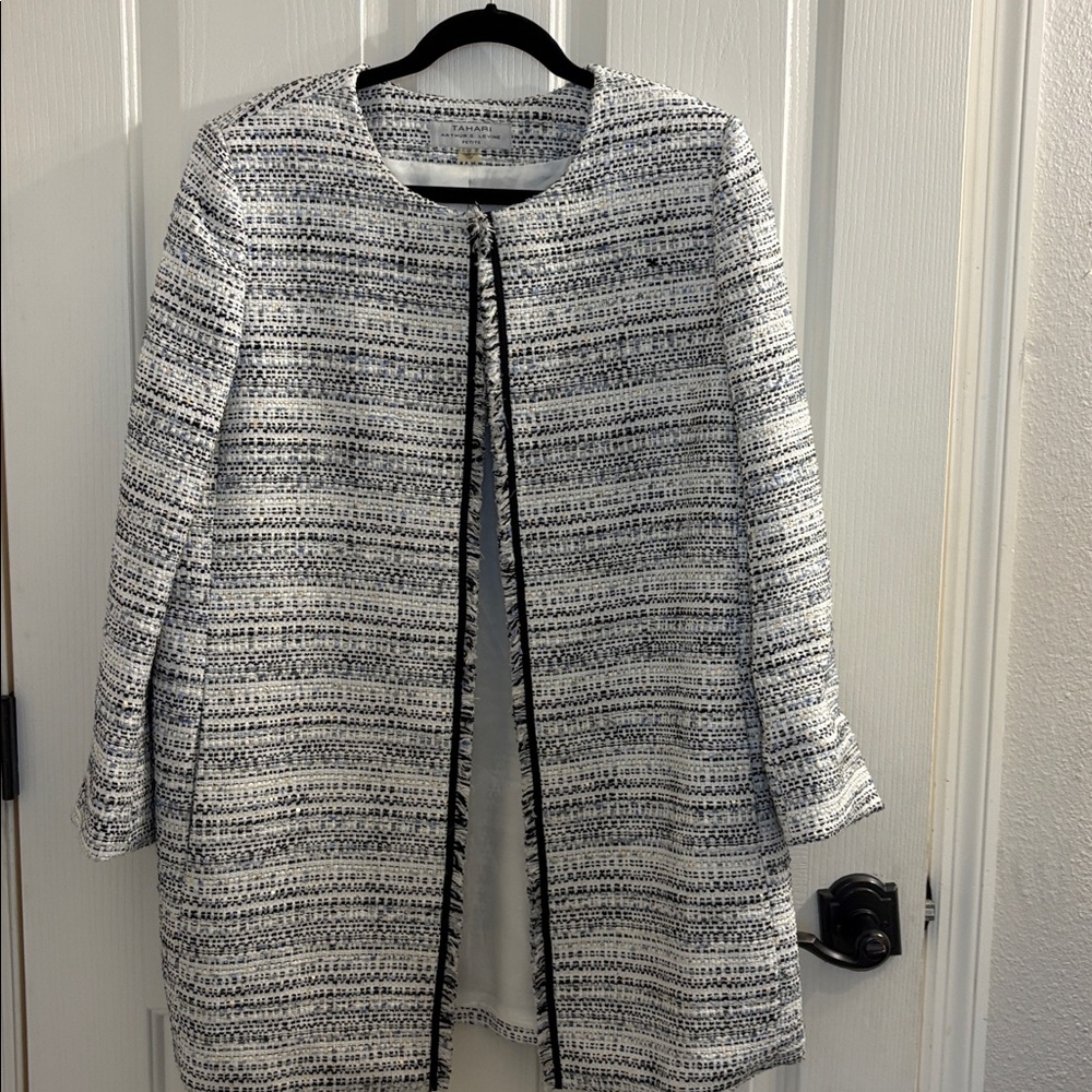 TAHARI ASL Women's Petite Boucle Fringe-Trim Jacket Black/White Size 16P